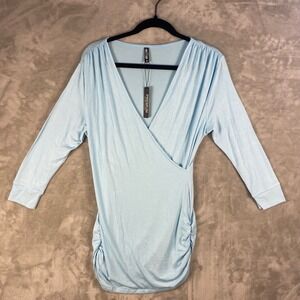 LOCK & LOVE Premium Baby Blue Wrap Dress 3/4 Sleeve Ruched Mini Bodycon M NWT
